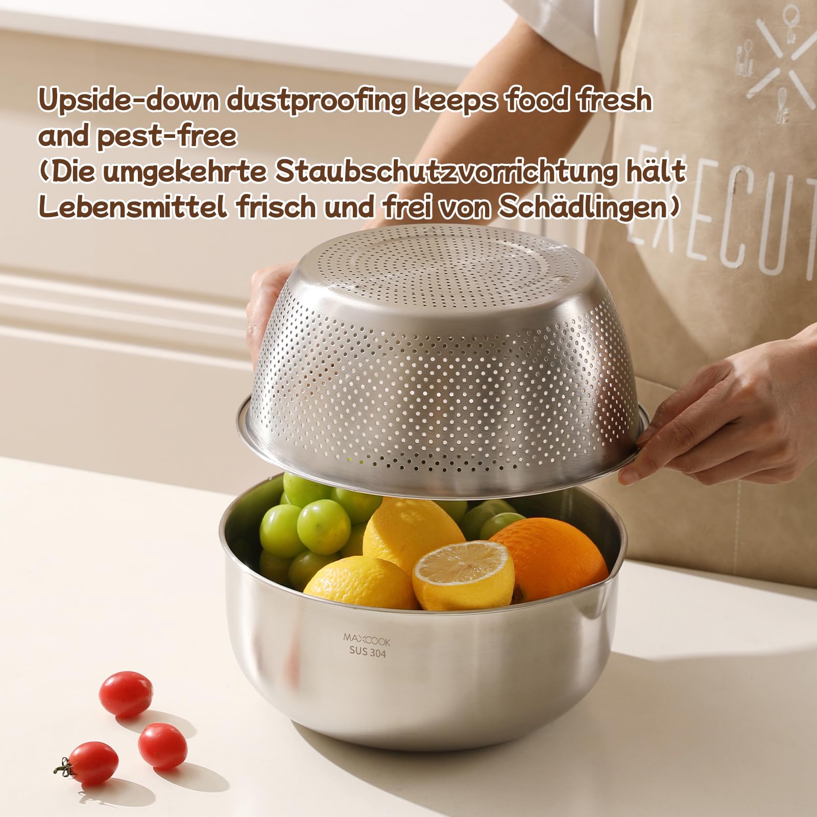 Juego de 3 cuencos de acero inoxidable, cuenco colador de acero inoxidable 18/8 para enjuagar arroz, ensaladas y masa, ideal para preparar alimentos, apto para el lavavajillas