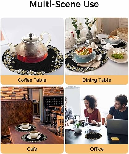 Miniatura 7 de Christams Round Placemats Set of 6 Snowflake Table Mats for Dining Table Decor Gold Black Round Braided Placemats Heat Resistant Washable Woven