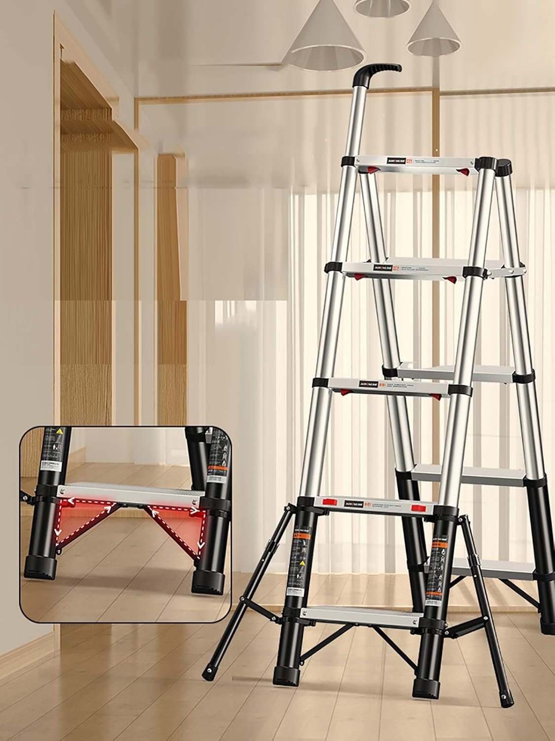 OKUOKA Ladders,Telesladder Telesladder, Folding Step Ladder, Retractable Aluminum Ladder Multi-Position, Adjustable A-Frame Stepladder with Handrails, 330Lbs Capacity/4-Step