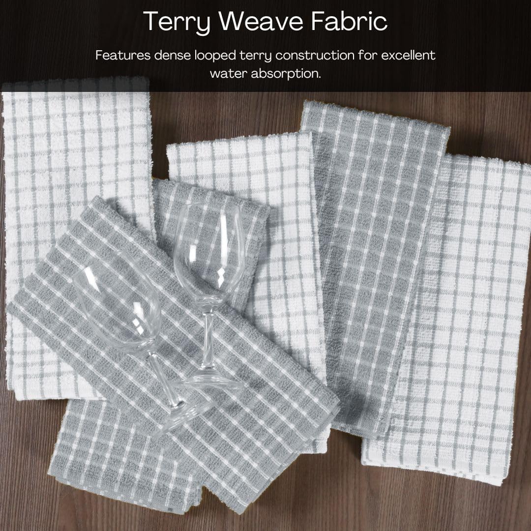 Assorted Terry Kitchen Towels 100% Cotton Set of 6 - Soft Absorbent Tea Towels for Kitchen - Dish Cloths Cleaning Towels with Hanging Loop - Quick Drying 15x25 inches Dish Towels Grey