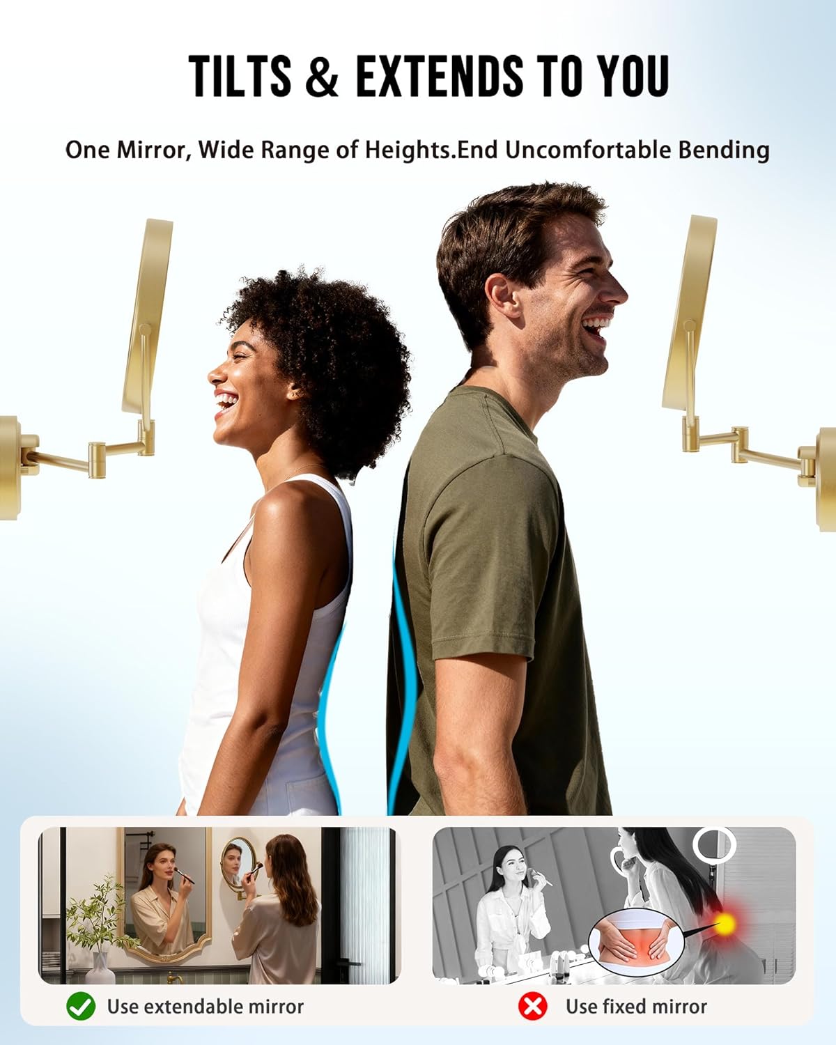 10" Wall Mounted Makeup Mirror with Light and Magnification, 3 Color LED, 1X/5X Wall Mount Magnifying Mirror with Extension Arm Gold for Bathroom, Hardwired, Brushed Moderne Brass