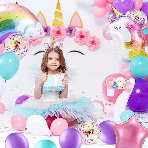 Miniatura 4 de Zhanmai 36 globos de unicornio para decoración de fiesta de cumpleaños, globos de aluminio arcoíris, globos grandes de látex morado y rosa para