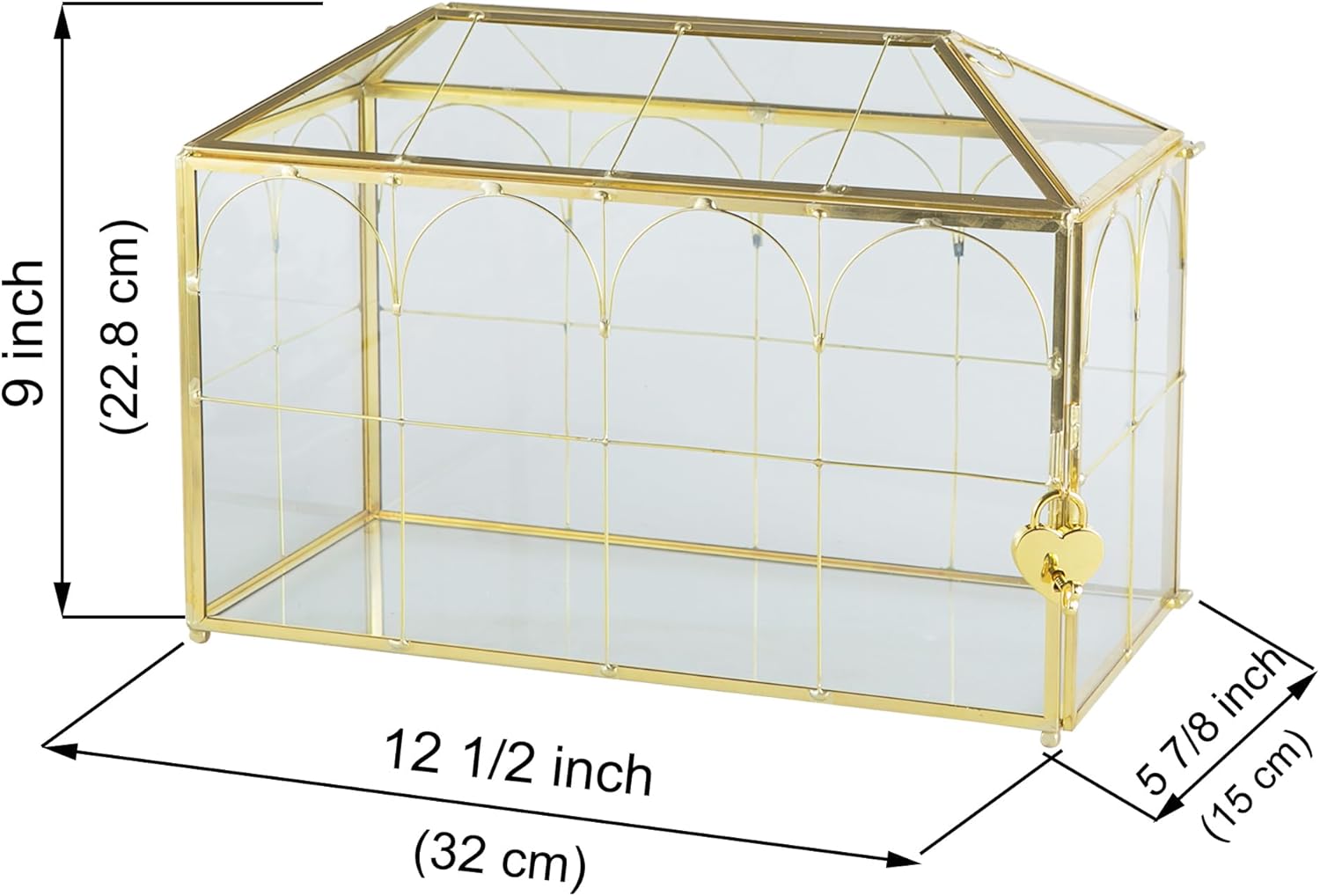 Glass Wedding Card Box with Slot, 12.5'' Large Clear Card Box Gold Brass Gift Card Storage Box with Lock Perfect for Wedding Receptions, Baby Shower, Birthday Party, Bridal Shower