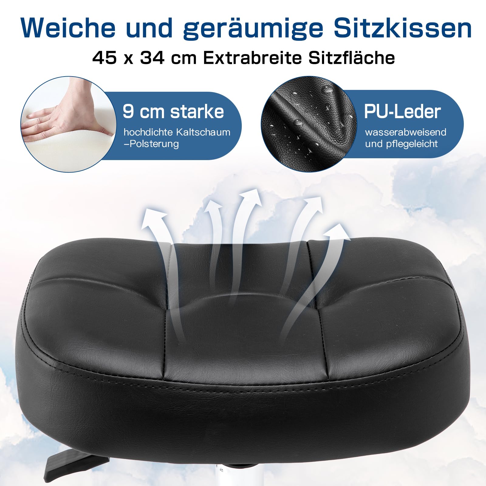 Rollhocker mit Lehne - Hocker mit Rollen und breitem, rechteckigem Sitzkissen | Rollhocker höhenverstellbar 51-64cm | Drehhocker mit Rollen mit gleichmäßigem Lauf | Ideal für Salon, Kosmetik (Tinte)