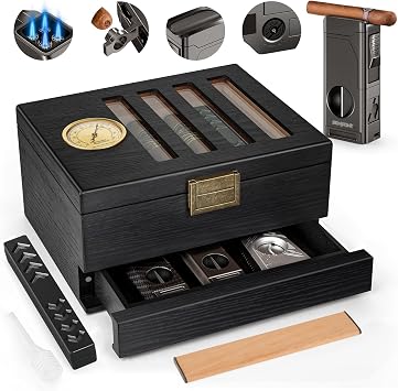 Cigar Humidor, Vintage Lock & Accessory Drawer Cedar Wood Humidor, Glass Top Desktop Cigar Box with Front Hygrometer, Humidifier, Cigar Lighter and Divider, Gifts for Men, Holds 20-35 Cigars