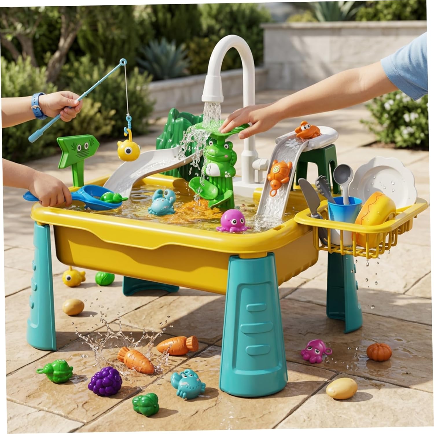 Play Sink with Running Water for Kids, Electric Toy Sink with Color Changing Fish & Fishing Game, Toddler Water Table for Indoor Outdoor Pretend Play Kids Table