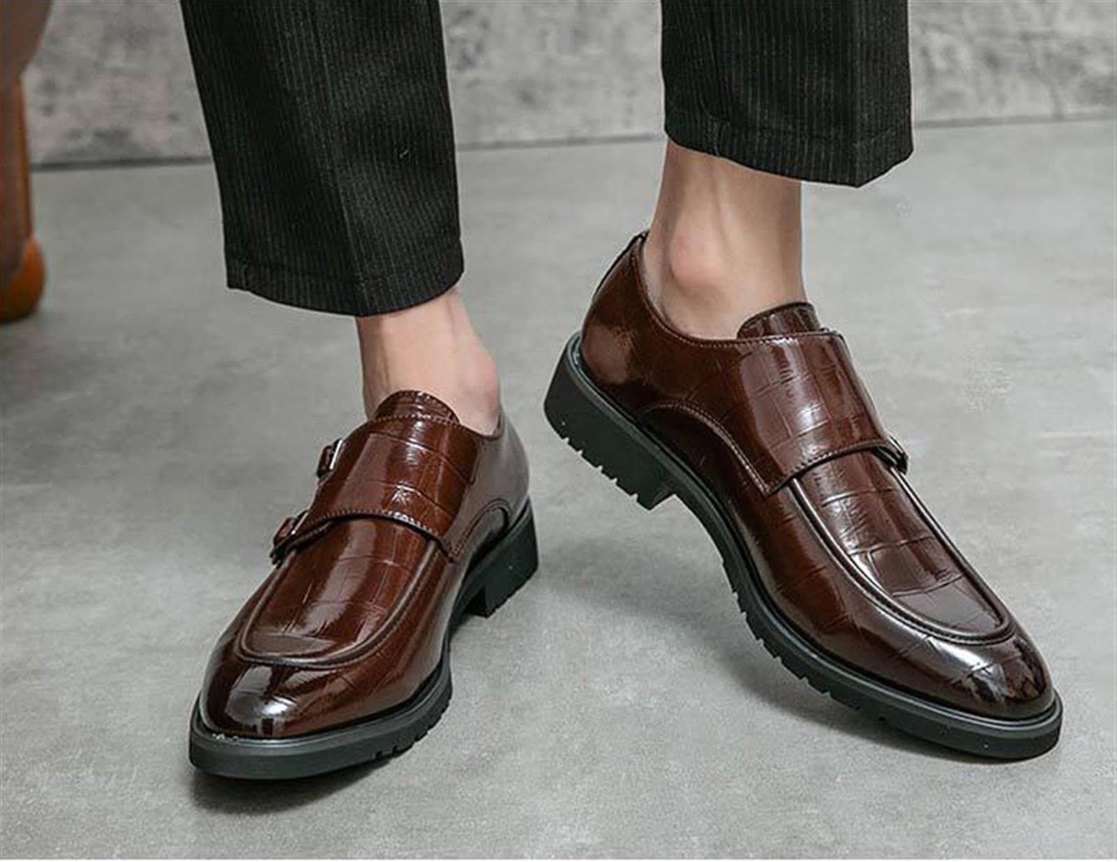 Zapatos de Doble Hebilla para Hombre Piel Charol Estampado Cocodrilo Zapatos de Vestir Mocasines Elegantes para Boda Negocios