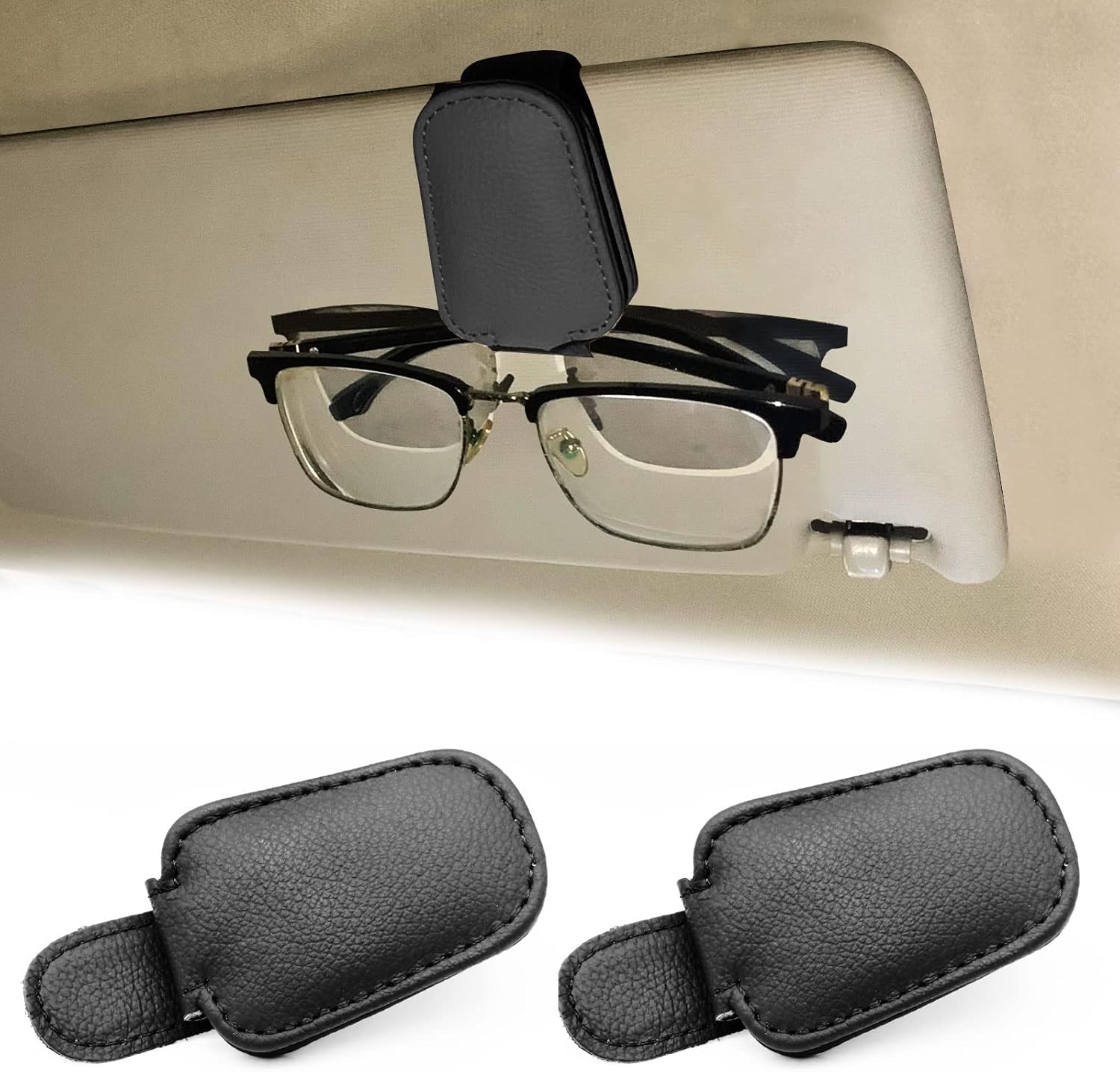 2 Pack Leather Car Visor Sunglass Holder, Magnetic Leather Glasses Eyeglass Hanger Clip for Car, Sunglass Clip Glasses Holder for Car Visor（Black）