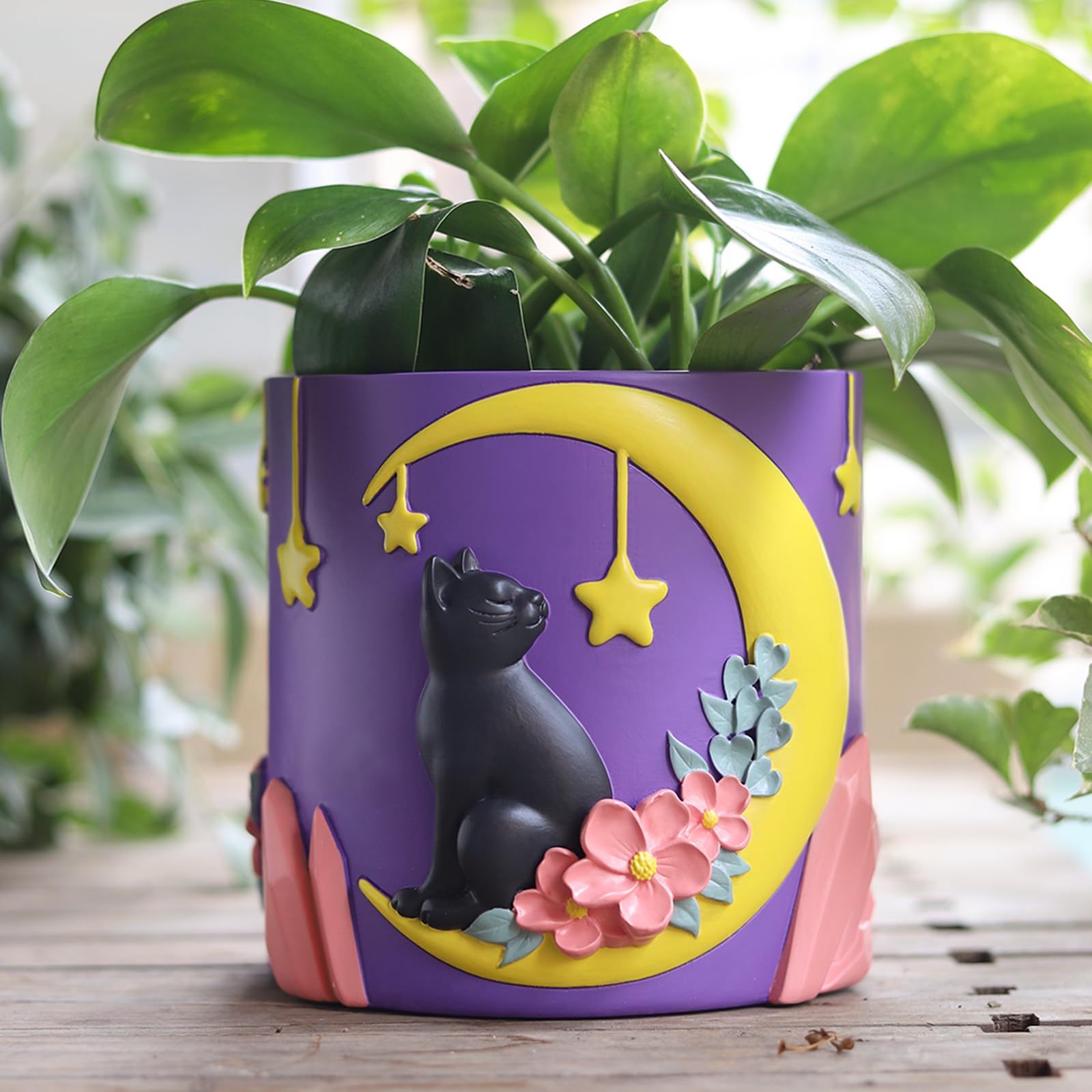 GUGUGO Moon Cat Cute Flower Pots, Unique Rainbow Planter with Drainage, Vintage Retro Colorful Flower Plant pots for Indoor Plants, Eclectic Succulent Gardening Pot for Home Décor (A, Purple, 5Inch)