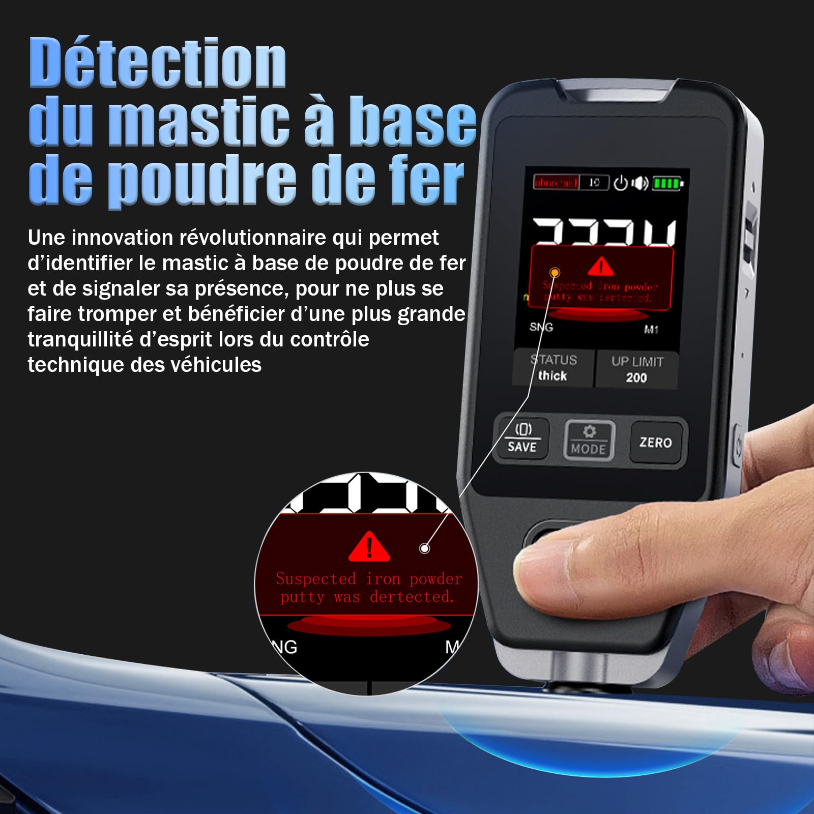 CTG-20 Jauge d’Épaisseur de Peinture pour Voiture, Fe/NFe/Fe+Zn, 0-1400μm Testeur Revêtement Carrosserie, Précision ±(3%+2 μm), Résolution 0,1μm, Deux Modes de Mesure, Étalonnage Zéro/Multi-points