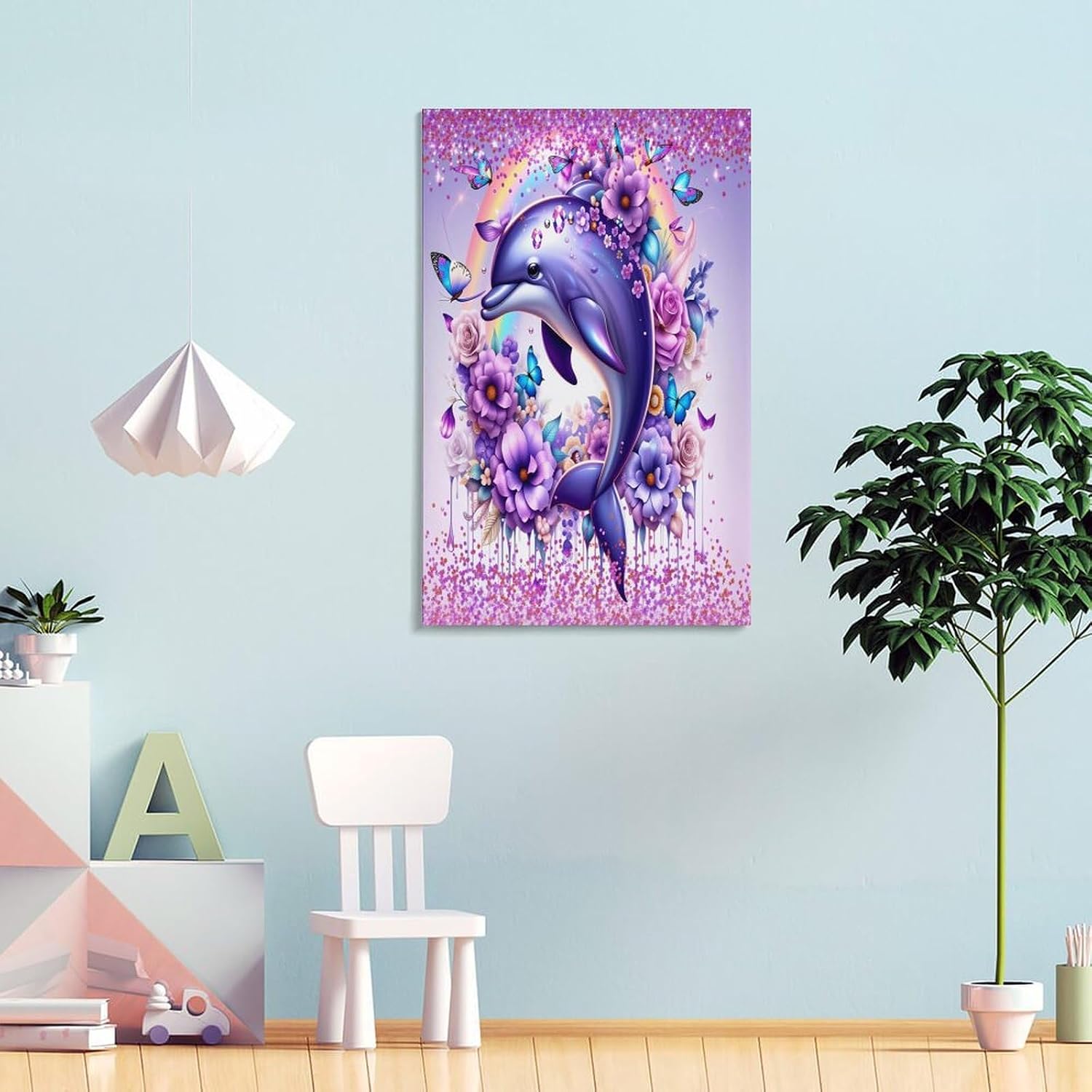 WAVMKSL Purple Dolphin Butterfly Floral Wall Art Painting Canvas Wall Poster Ready To Hang Decor for Bedroom Living Room 12X18 Inch