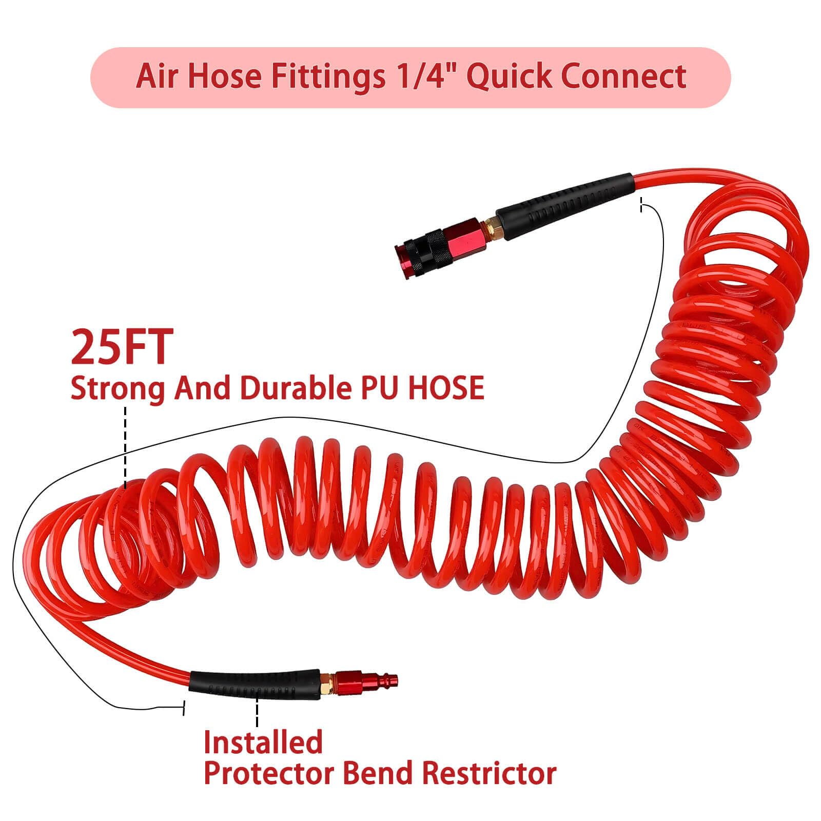 QiLeeCar Polyurethane Air Hose, 1/4 in x 25 ft, with Bend Restrictors Compressor, 1/4