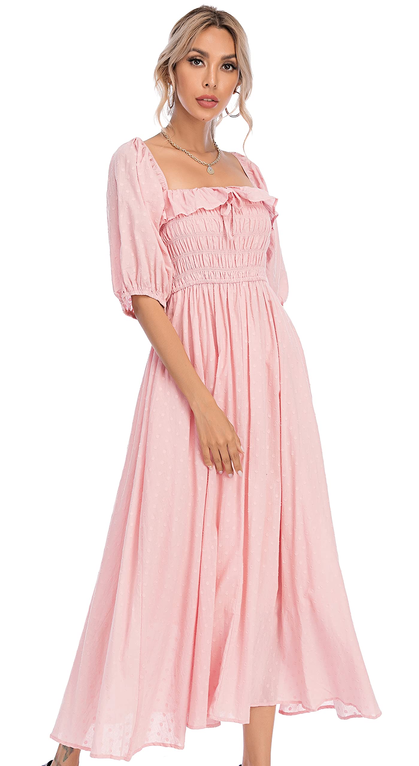 R.Vivimos Women Summer Cotton A Line Flowy Long Dresses | Half Sleeve, Ruffled, Vintage Elegant, Smocked Backless Dress, Maternity Shoot, Baby Shower, Casual Vacation Outfits