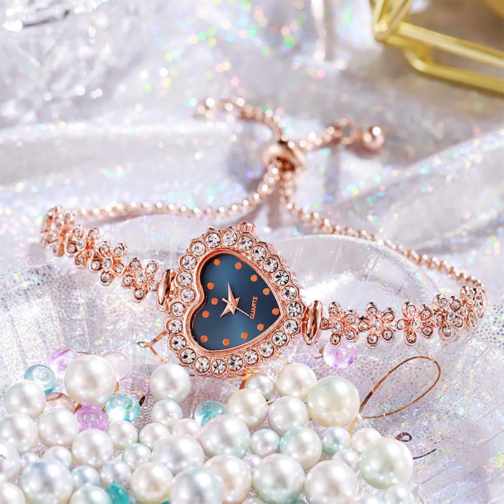 5 Stück verstellbare Armbanduhr für Damen Strass Quarzuhr Diamantbesetzte Uhr Casual Mode Herzform rundes Zifferblatt Analog Quarz Armbanduhren