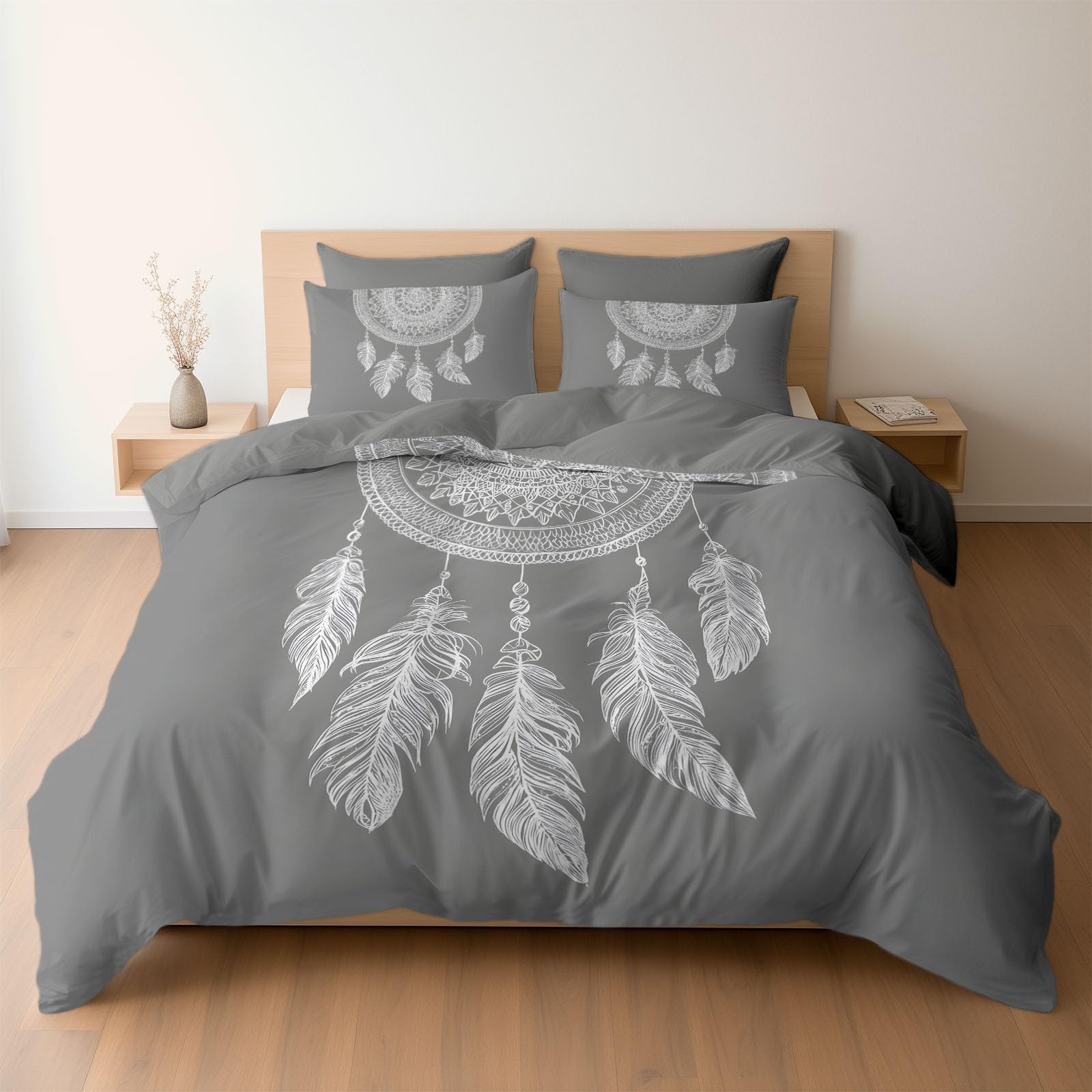 Generisch Romantischer Boho 3-teiliges Bettwäsche-Set, Grau 1 Bettbezug 180 x 200 cm und 2 Kissenbezüge 80 x 80 cm, Spitze Feder TraumfängerWeiche Mikrofaser, Reißverschluss, Ganzjahres