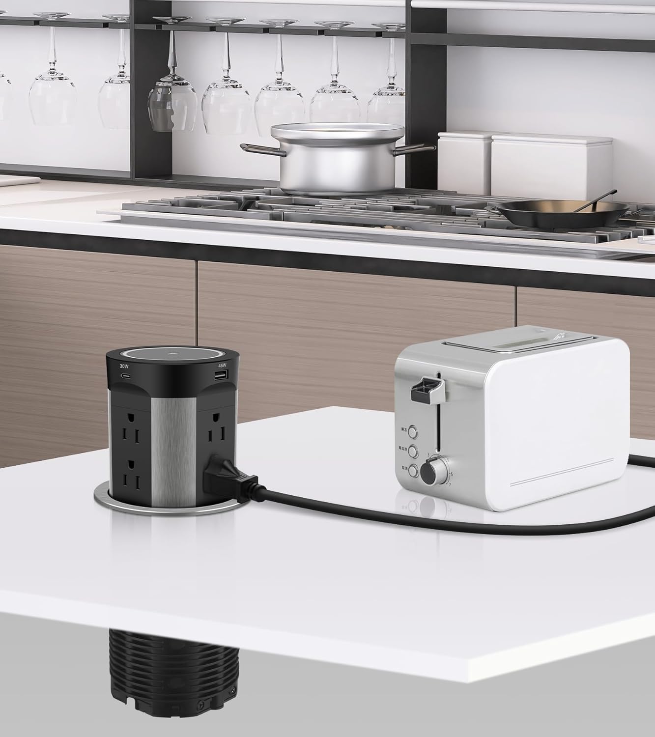 Pop Up Outlet for Countertop, 15W Wireless Charger PD 45W, 2 USB-A & 2 USB-C & 8AC Outlets 15A Tamper Resistant, 4-inch Island Kitchen Pop Out