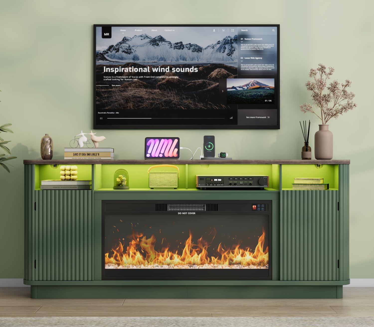 70" Fluted Fireplace TV Stand Modern Entertainment Center with 36" Electric Fireplace,Wood Media Console w/Power Outlets and LED Lights and Adjustable Shelves for Living Room,Green