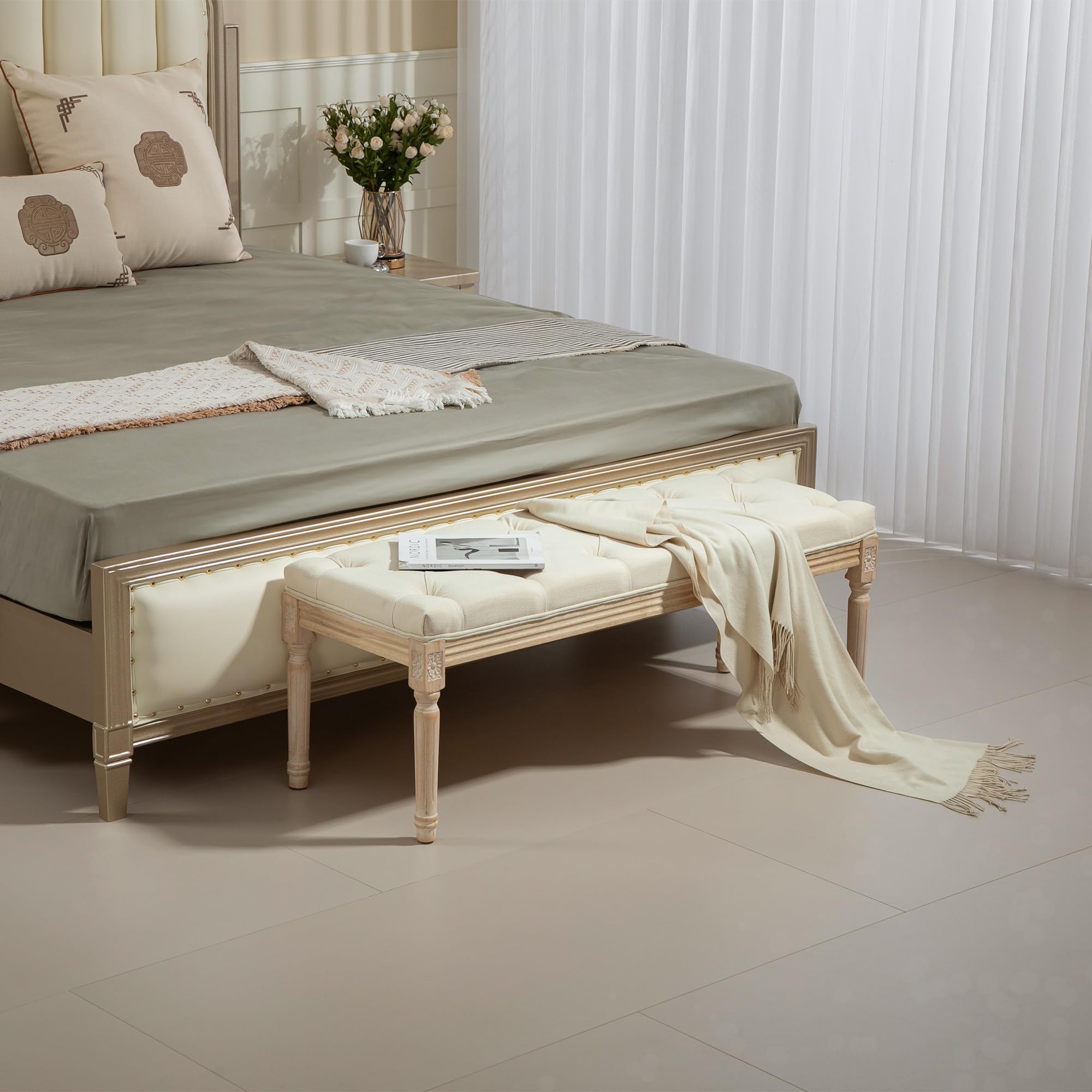 HOMCOM Banc de lit 115 cm, Banc touffeté pour Chambre à Coucher, Couloir, Salon, Blanc crème