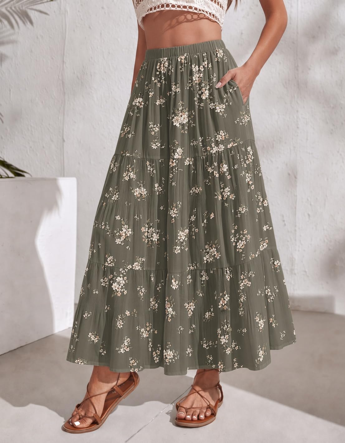 Zeagoo Womens Maxi Skirt Chiffon Elastic High Waist Pockets Pleated A-Line Flowy Skirts