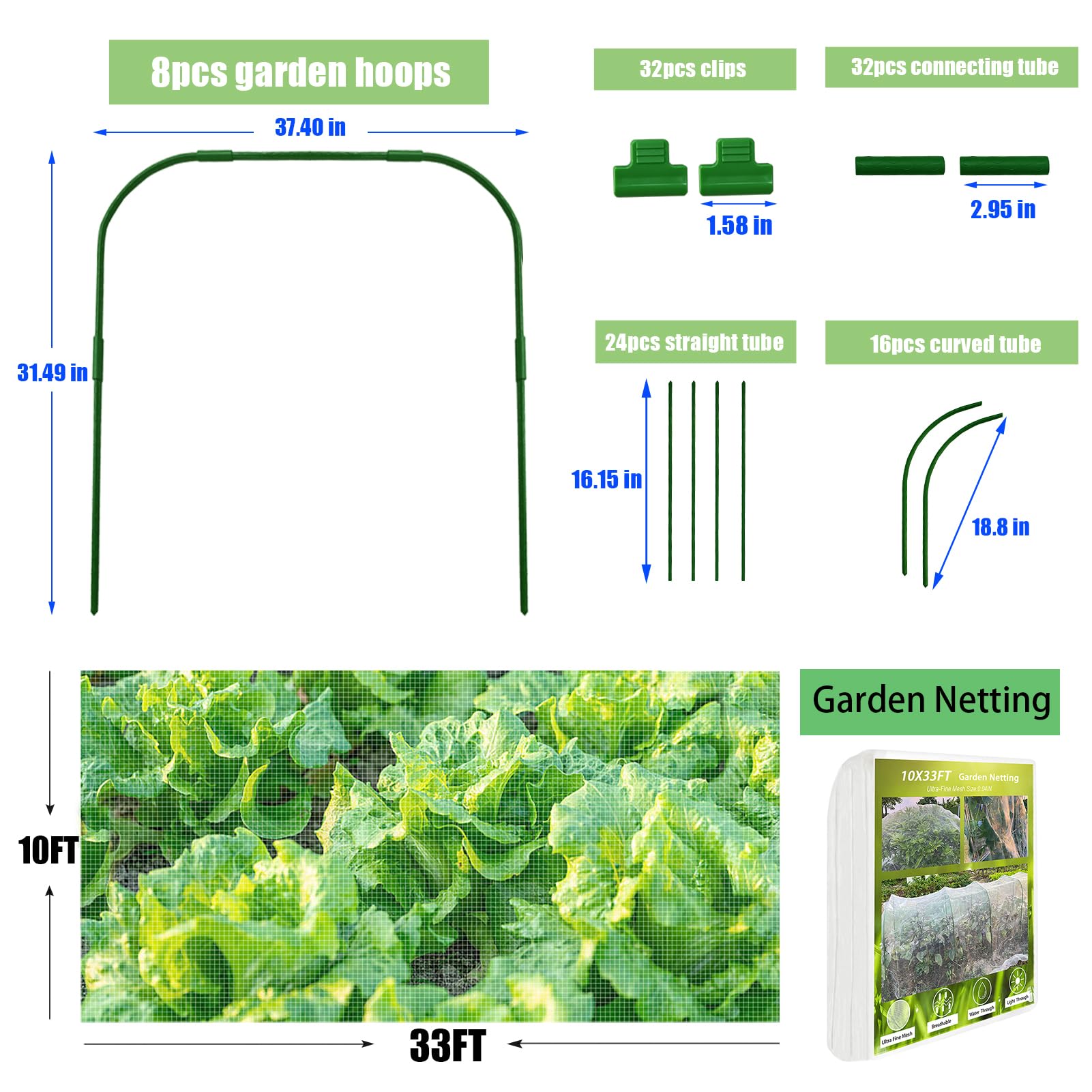 Kit de red de jardín, 8 aros de jardín y red de jardín de 10 x 33 pies para camas elevadas, red ultrafina de malla de jardín para verduras, frutas, cultivos, cubierta de filas, red de