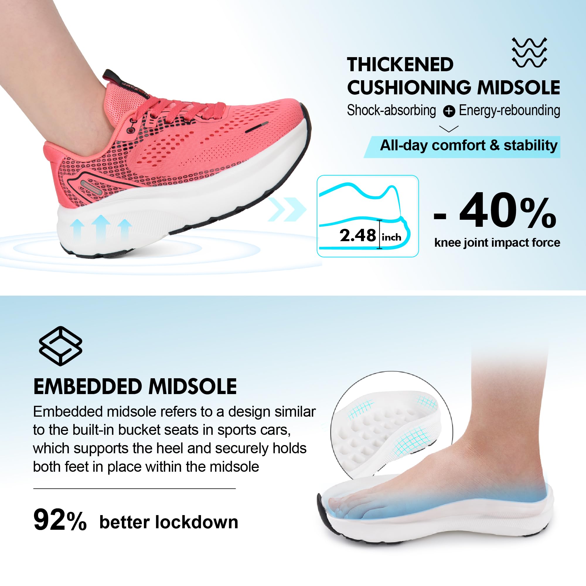 JACKSHIBO Zapatos de punta ancha para mujer, con soporte de arco, tenis anchos para correr, caminar, tenis, ortopédico, fascitis plantar, entrenamiento, con cojín grueso, suela de caída cero