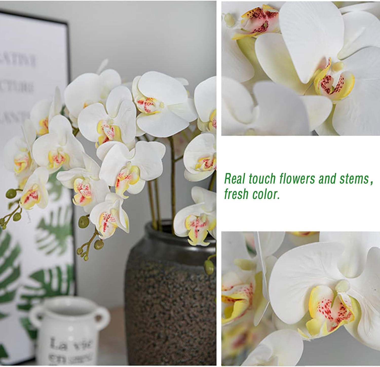 HinyoCo 5 Pcs Artificial Phalaenopsis Flowers and 4 Bundles Leaves,Artificial Orchid Flowers with 4 Bundles Leaves Stem Plants for Home Wedding Decoration
