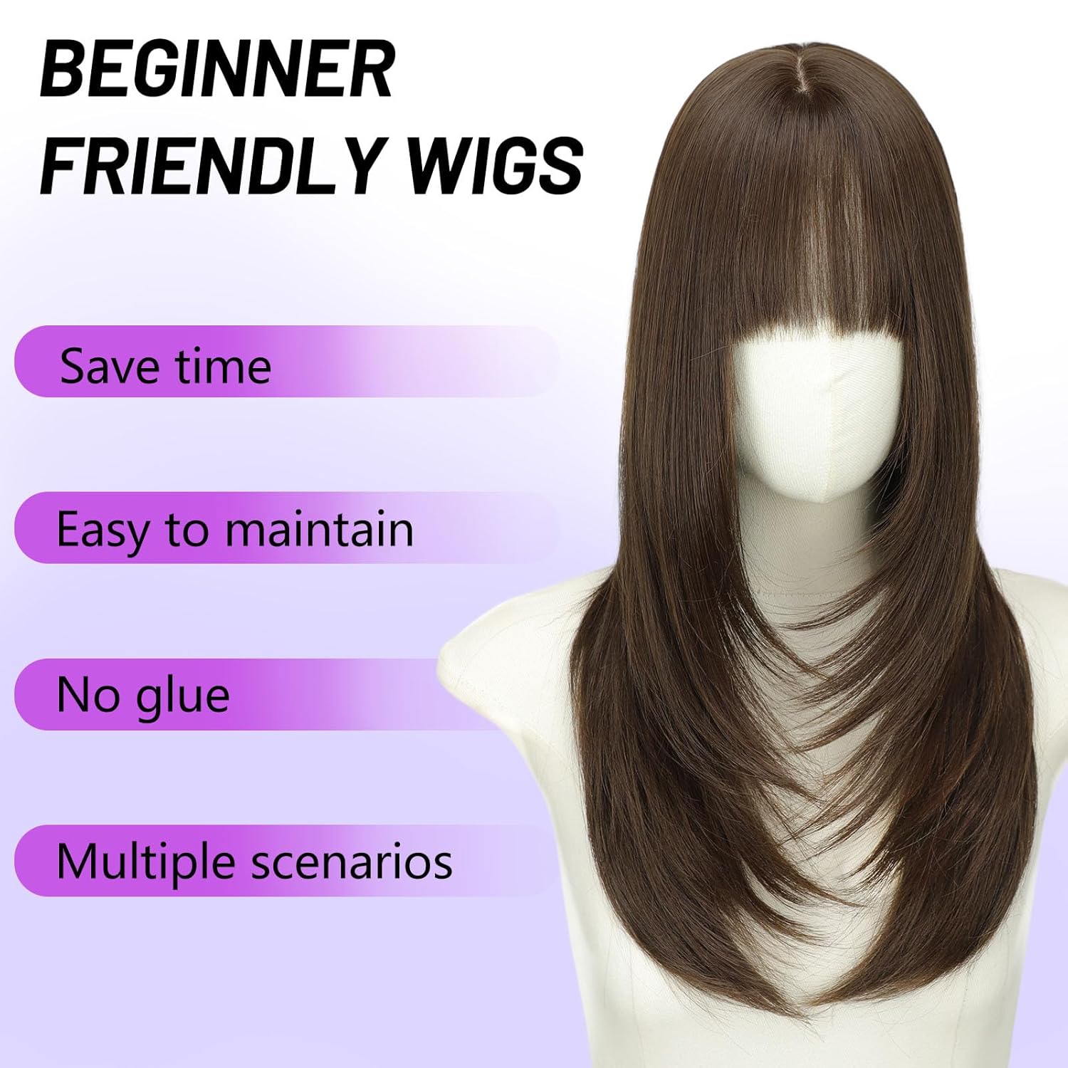 AISI HAIR 【Beginner Friendly Wigs】 Brown Wig with Bangs for Women, Middle Length NaturalLayered Straight Wig for Daily Party - Image 2