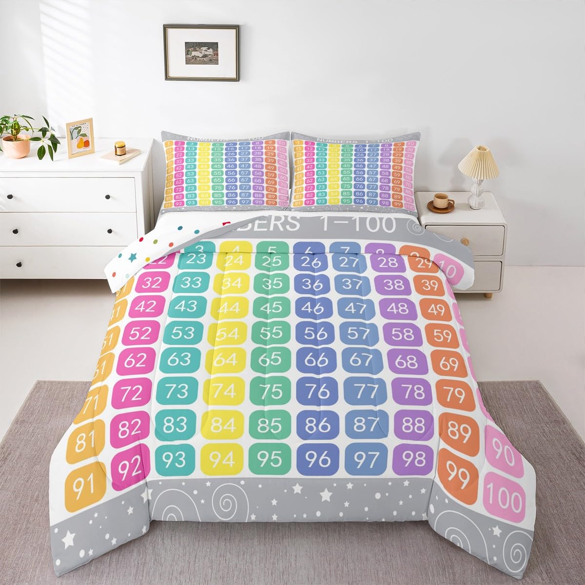 Feelyou Numbers Alphabet Bedding Set King, Cartoon Alphabet Comforter Educational Comforter Set for Kids Learning Time Duvet Set with 2 Pillow Case