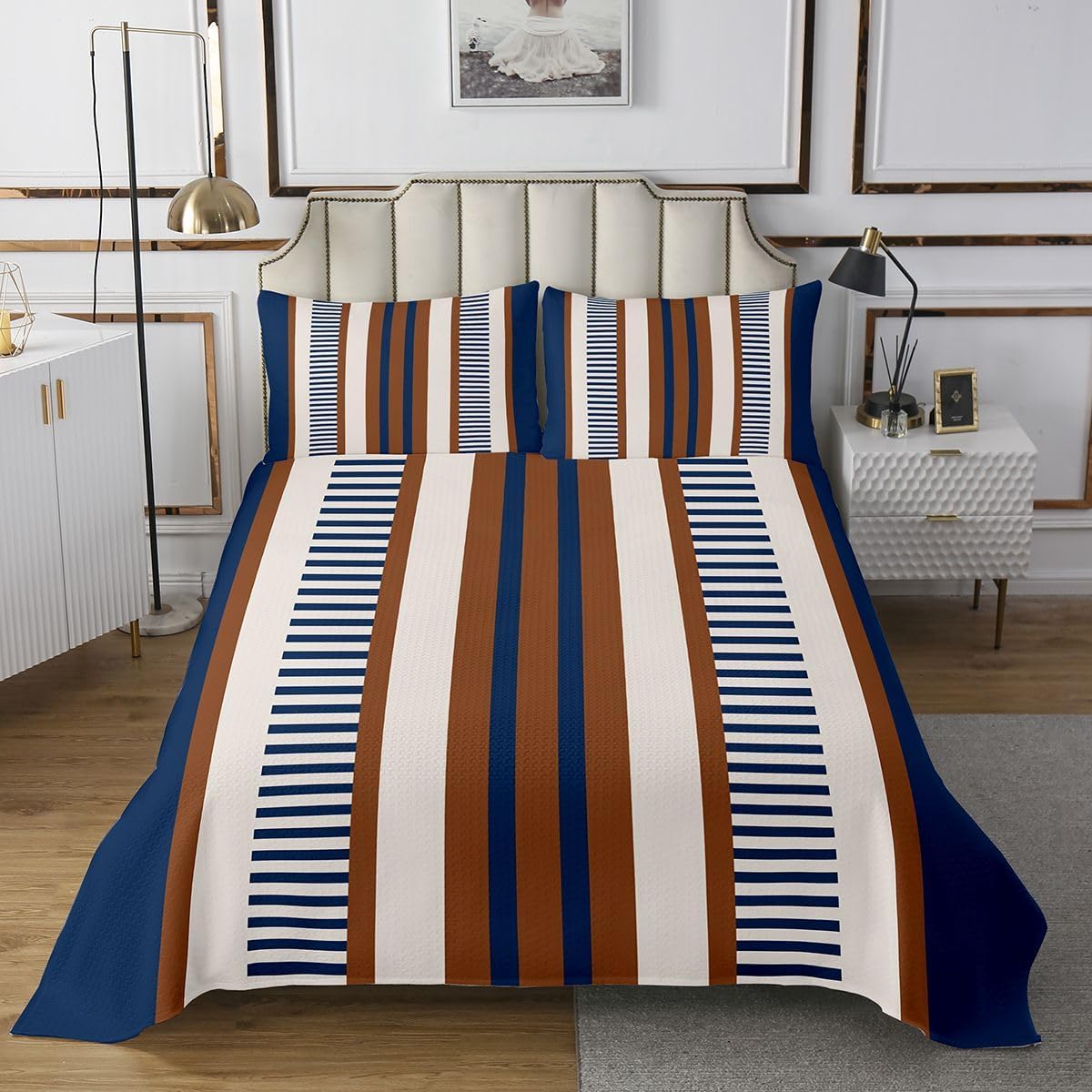 jejeloiu Modern Striped Bedspread Queen Size Geometric Coverlet Set Black Blue Quilted Coverlet for All Season with 2 Pillowcases Gradien Microfiber Lightweight