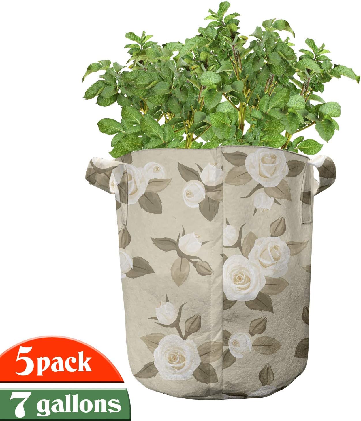 Lunarable Ivory and Beige Grow Bags 5-Pack, Feminine Roses Buds, Heavyduty Fabric Pots with Handles for Plants, 7 Gallon, Sepia Ivory and Beige