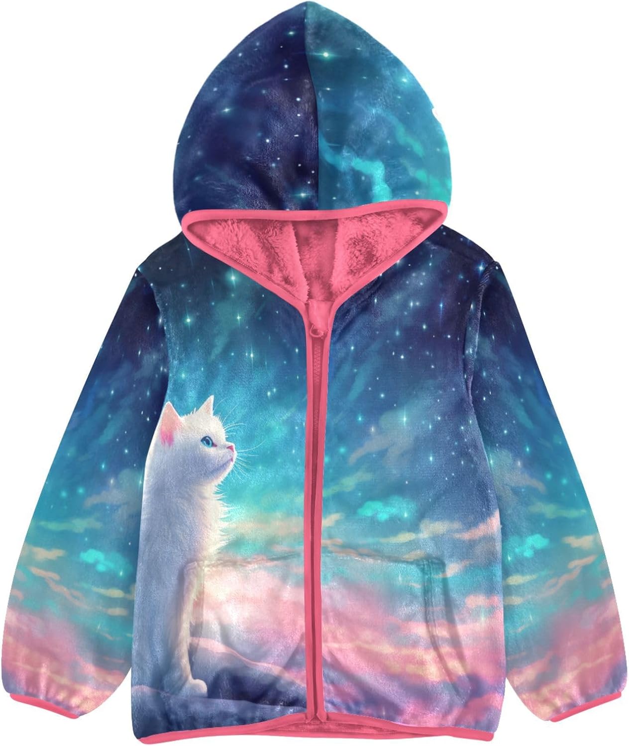 ALAZA Cute White Kitten Cat Hoodie Jacket for Girls Toddler Fleece Zip Up Coat Plush Jacket for 3 Years