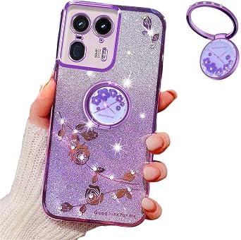 Motorola Moto Edge 50 Ultra 5G Case, Luxury Plating Bling Glitter Sparkle Flowers Shockproof Case with Ring Stand, Purple