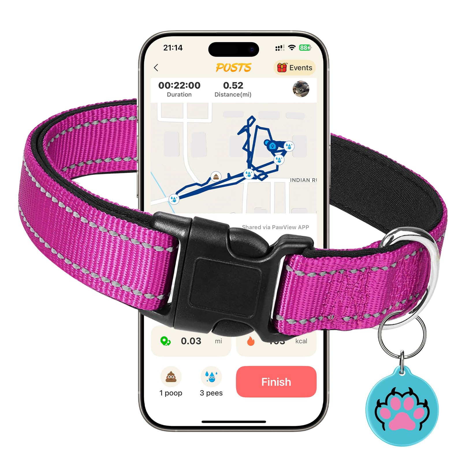 Reflective Dog Collar with Adjustable Buckle Safety Nylon for Dog, Rose Red S, with B96 Anti-Lost Smart Pet ID Tag