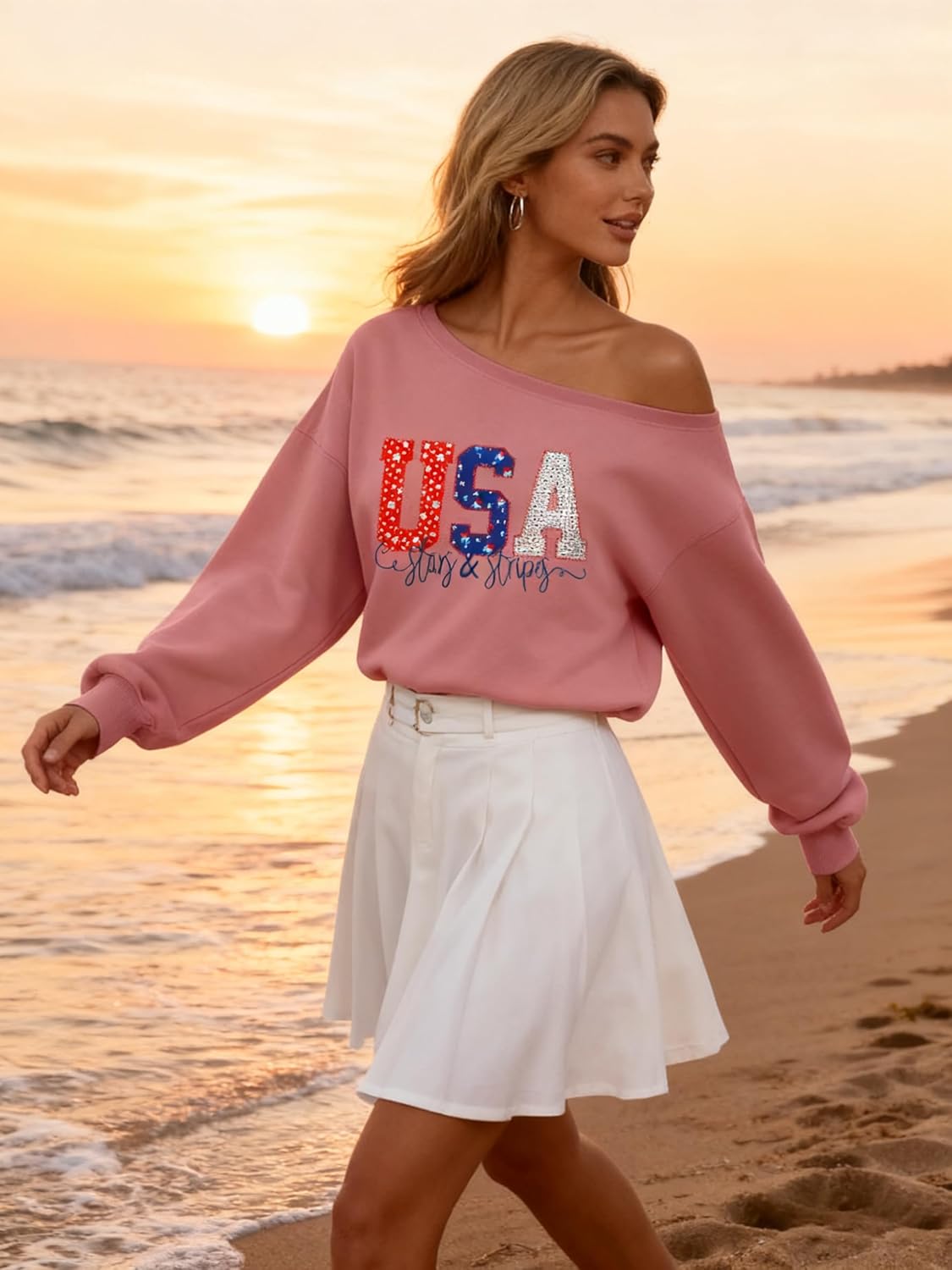 Dressmine Womens Sexy Off Shoulder Sweater USA Sweatshirts Long Sleeve Patriotic Shirt American Flag Hoodie Pullover - Image 4