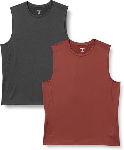 Amazon Essentials Men's Active Quick Dry Moisture-Wicking Tech Stretch Lightweight Sleeveless Muscle Shirt, Pack of 2, Heather Graphite/Henna, XX-Large