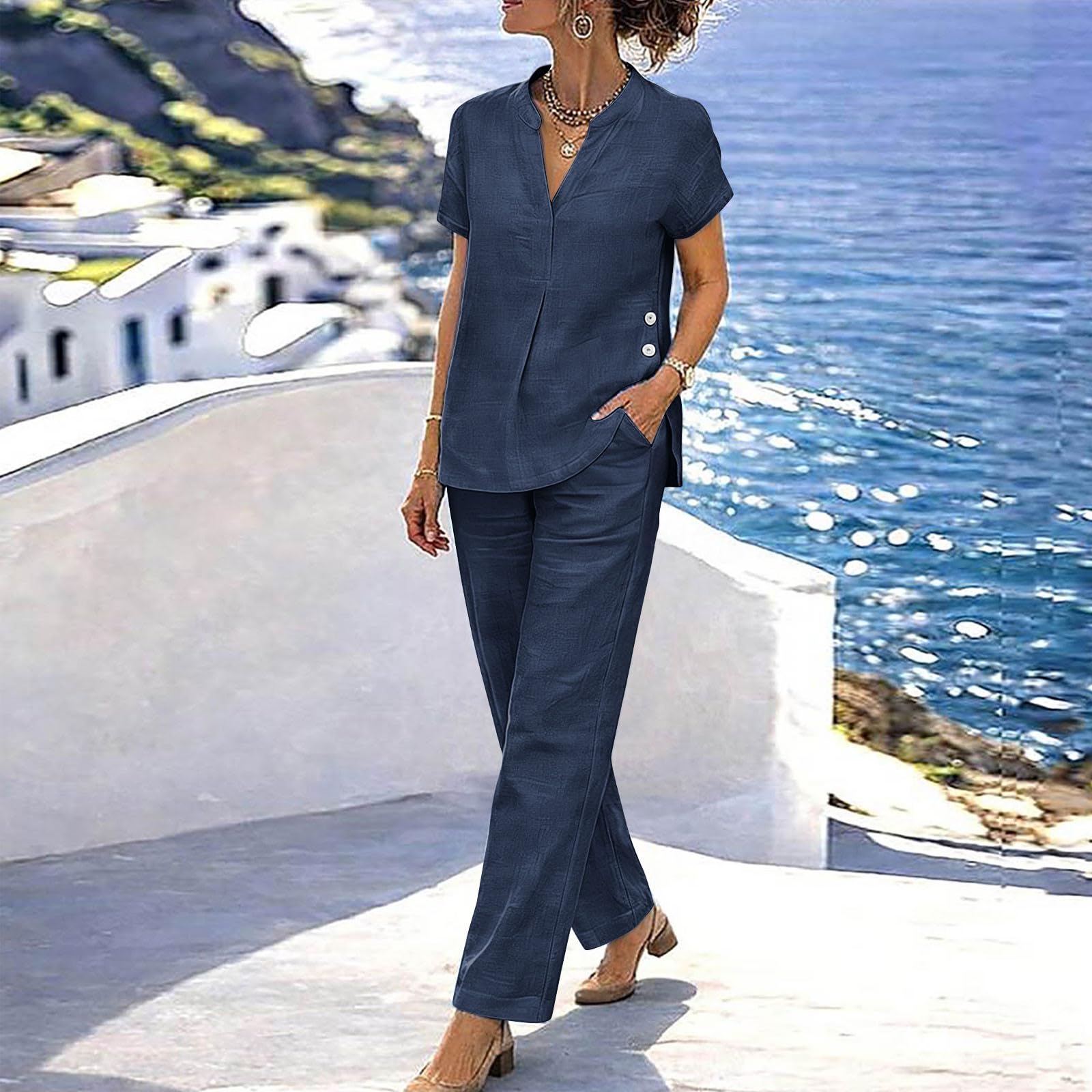 Damen Leinen Hosenanzug Sommer Atmungsaktive Leinen Bluse und Lange Weite Hose, Linen Set Hausanzug Kuschelig 2 Teiler Einfarbig Sport Outfit Lounge Set Hosenanzug Elegant 2 Teilig Große Größen