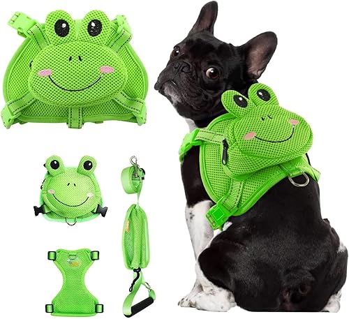 Juego de arnés de mochila para perro, mochila y correa, arnés para perro, correa de arnés para mascotas y mochila para perro, diseño de rana de