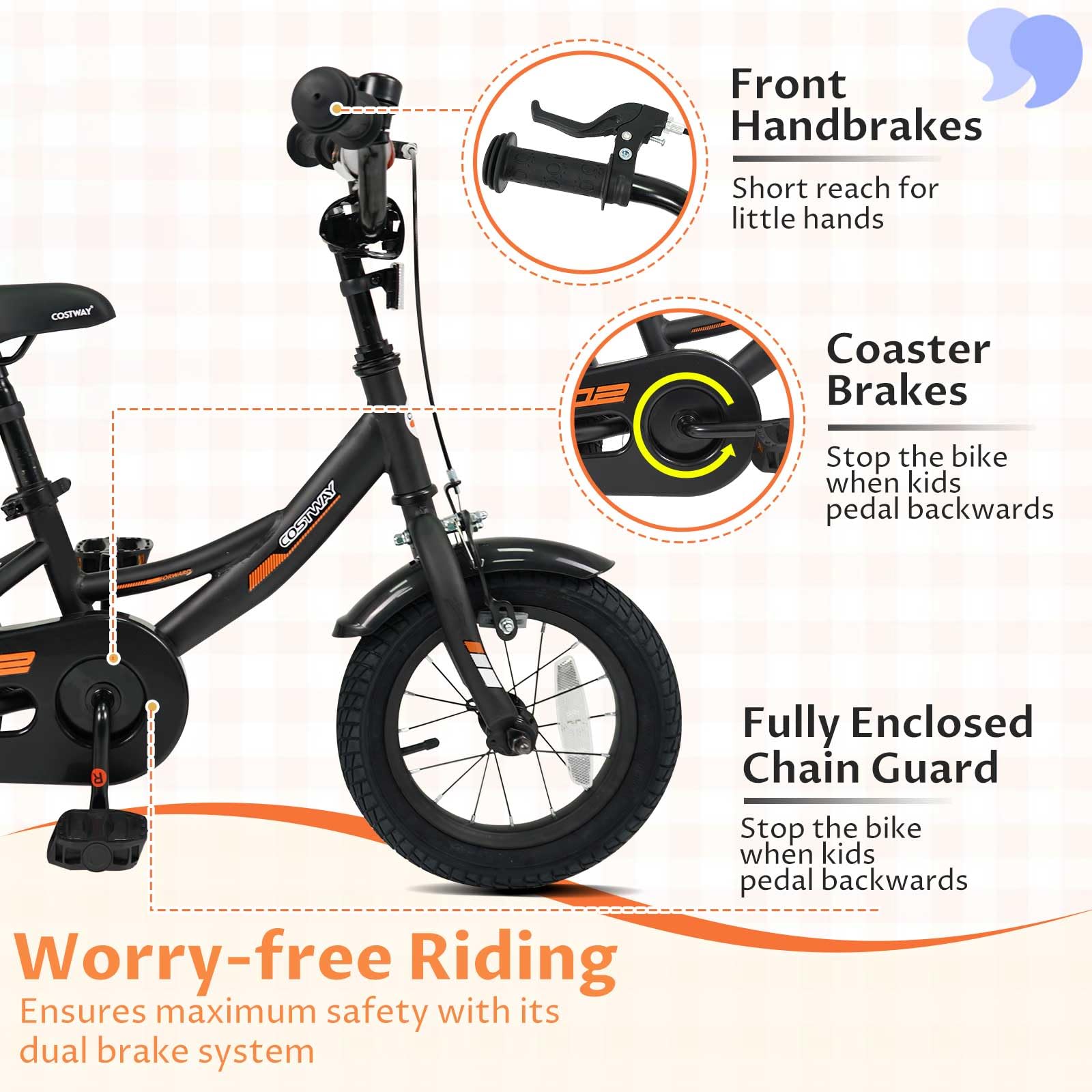 COSTWAY Kids Bike, 12 Inch Toddler Bicycle with Removable Training Wheels, Dual Brakes, Adjustable Seat & Handlebar Height, Girls & Boys Bikes for 3-8 Years Old (Black,12 Inch)