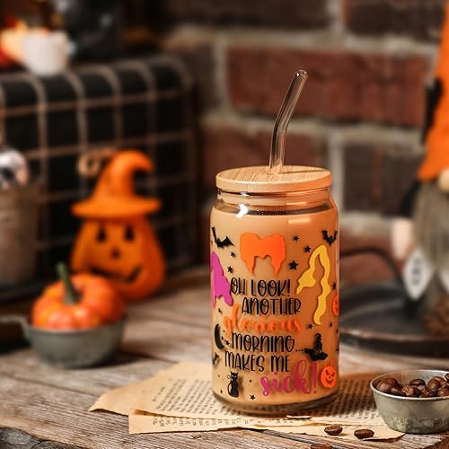 Miniatura 2 de OhLook - Taza de cristal para beber de fantasmas de Halloween, calabaza espeluznante de 16 onzas con tapa y popote en forma de lata de vidrio con