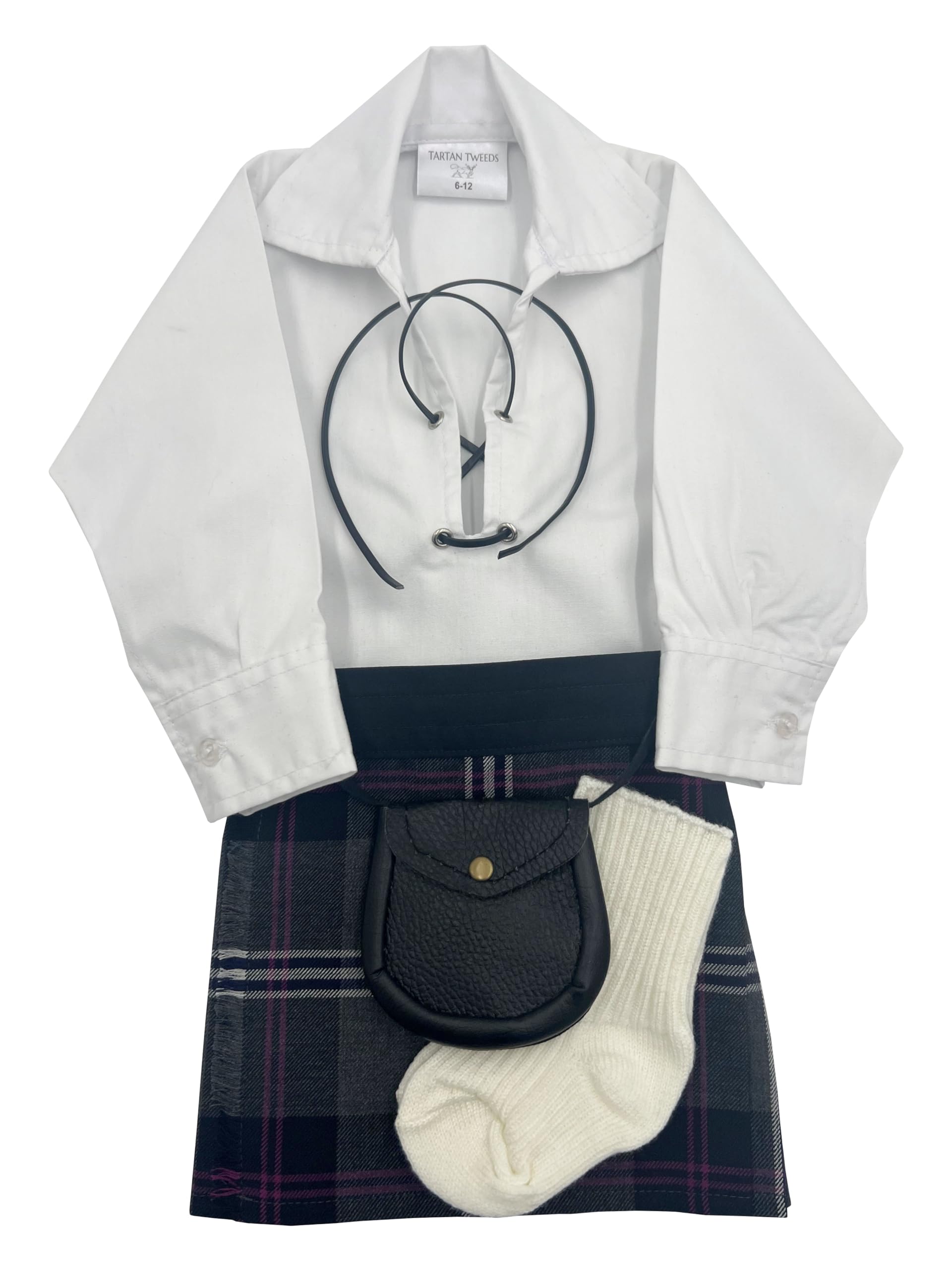 Tartan Tweeds Baby Kilt Outfit, Adjustable Waistband, Shirt, Hose, Sporran, Unisex (Grey Weekender, 6-12 Months)
