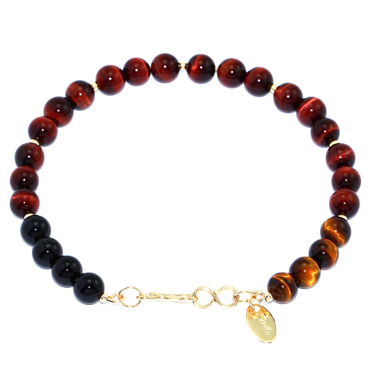 'Handmade 14-kt Gold Filled Brass Bracelet with Tiger Eye, Onyx & Gold Filled Beads, 8'''