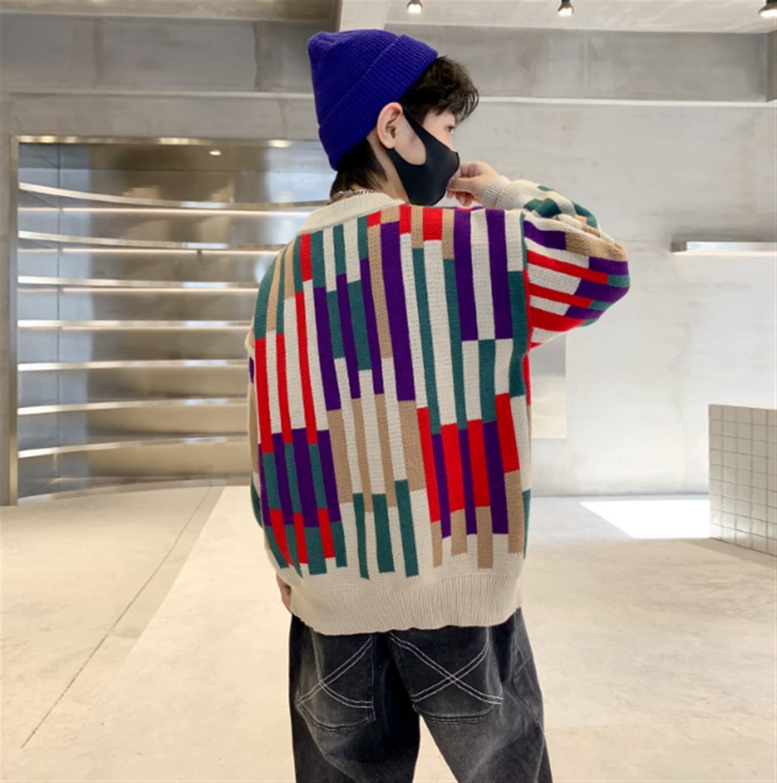 Suéter de punto a rayas de colores de invierno para niños, estilo punk suelto, adecuado para altura de 110 a 170 cm (color: tamaño: 130 cm)