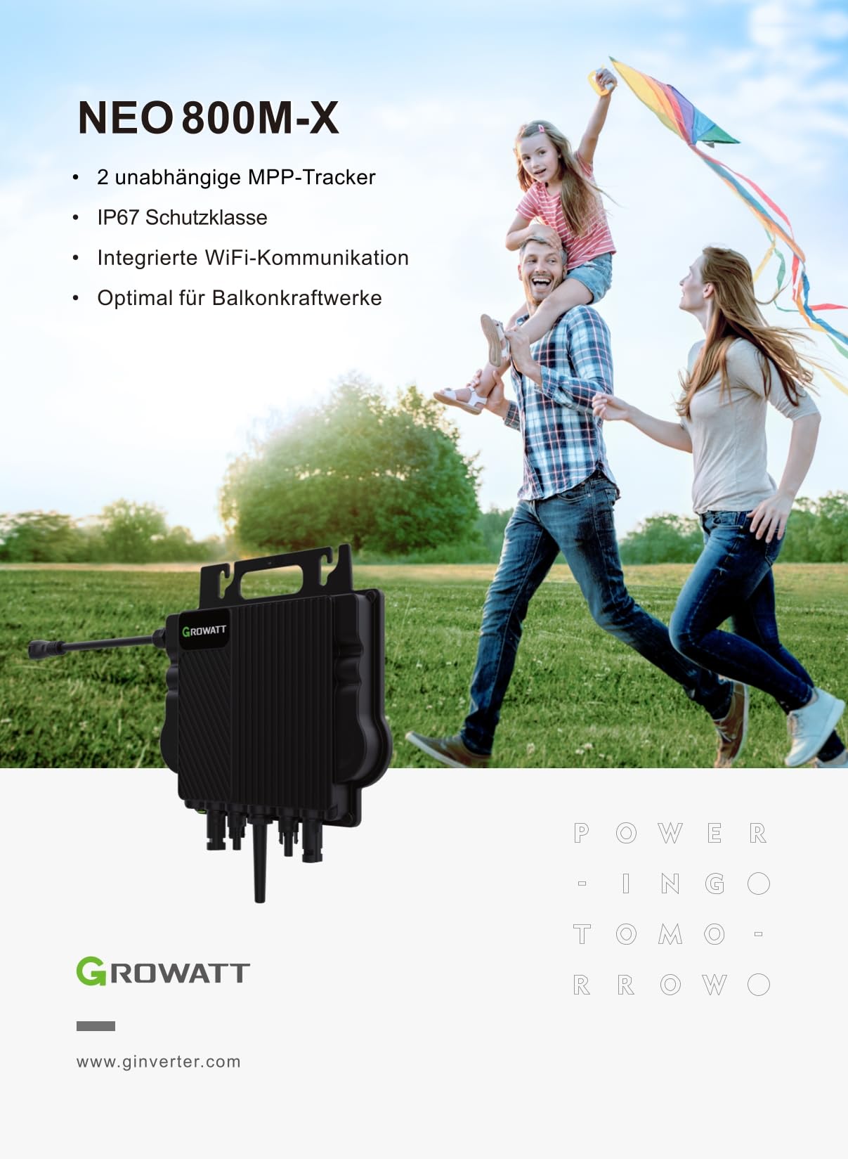 Growatt 800W Mikrowechselrichter NEO800M-X WiFi fähig mit 5m Schuko Kabel steckerfertig für Balkonkraftwerk BKW - Genehmigungsfrei
