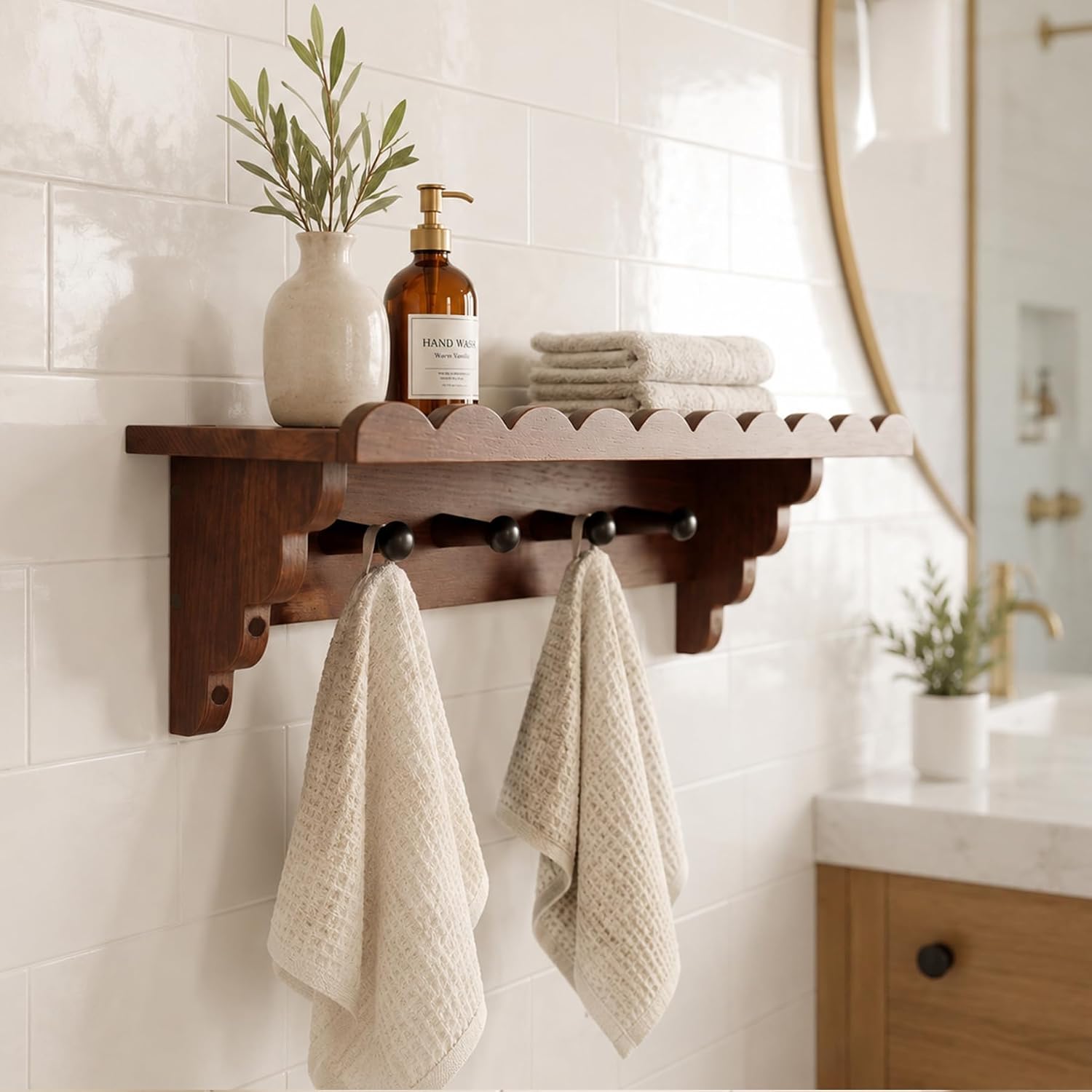 Wood Wall Mounted Coat Rack with Shelf & 4 Hooks