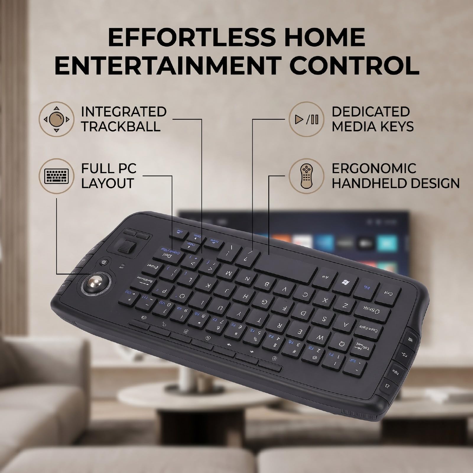 Teclado Inalámbrico con Trackball, Teclado Completo para PC for Box, HTPC, IPTV y Consola de Juegos