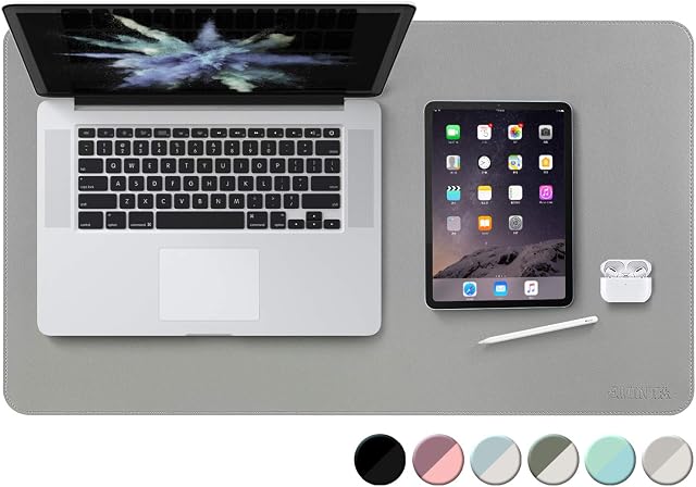 EMINTA Laptop Desk Pad Mat with Sewing Edge, Waterproof PU Leather Desk Blotter Mouse Pad Writing Pad for Office and Home, Dual-Sided (Gray/Silver, 60cm x 35cm)