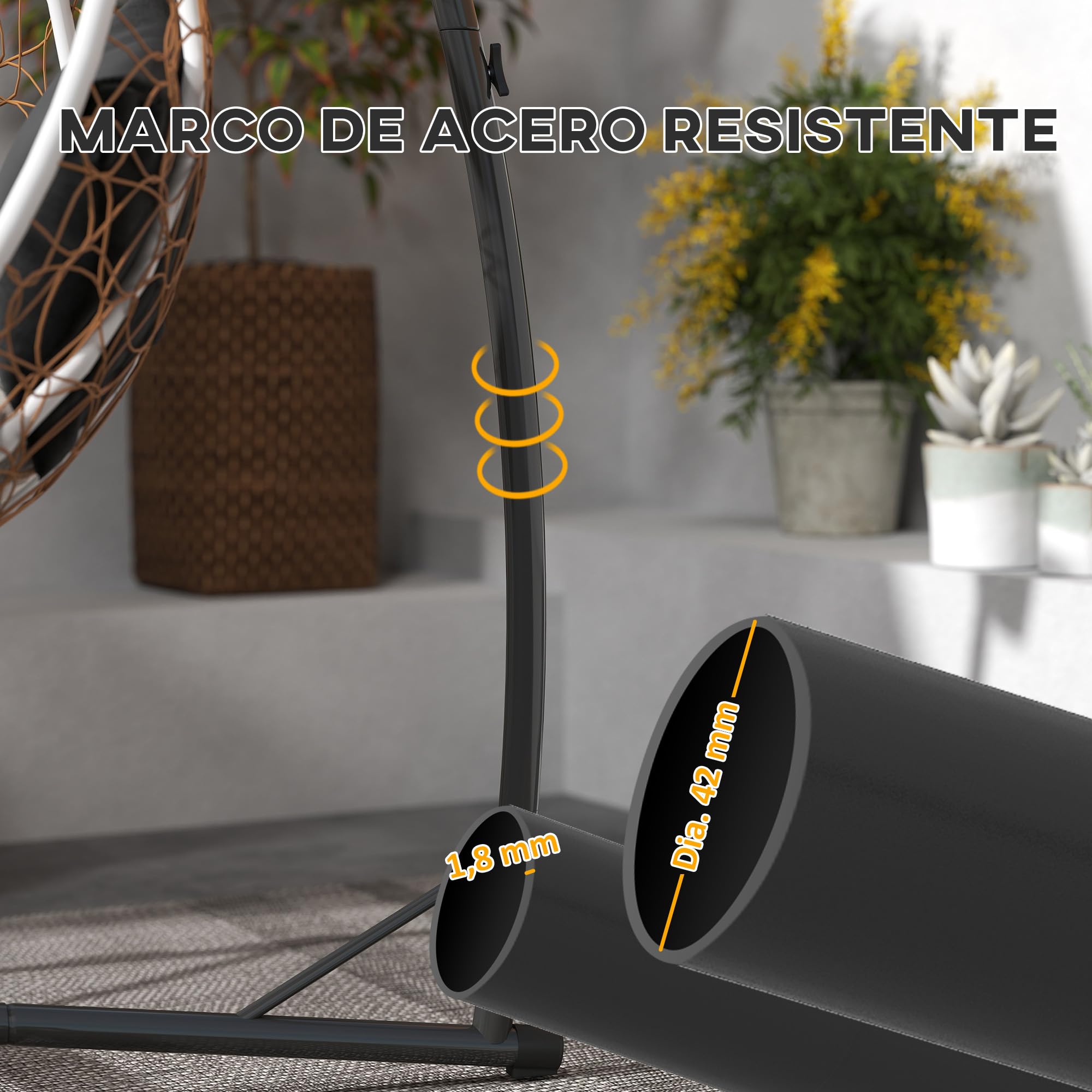 Outsunny Soporte para Silla Colgante de Huevos Altura 215 cm con Estructura de Acero Base Estable y Portavaso Soporte para Silla Columpio para Patio Jardín Balcón Carga 150 kg Negro