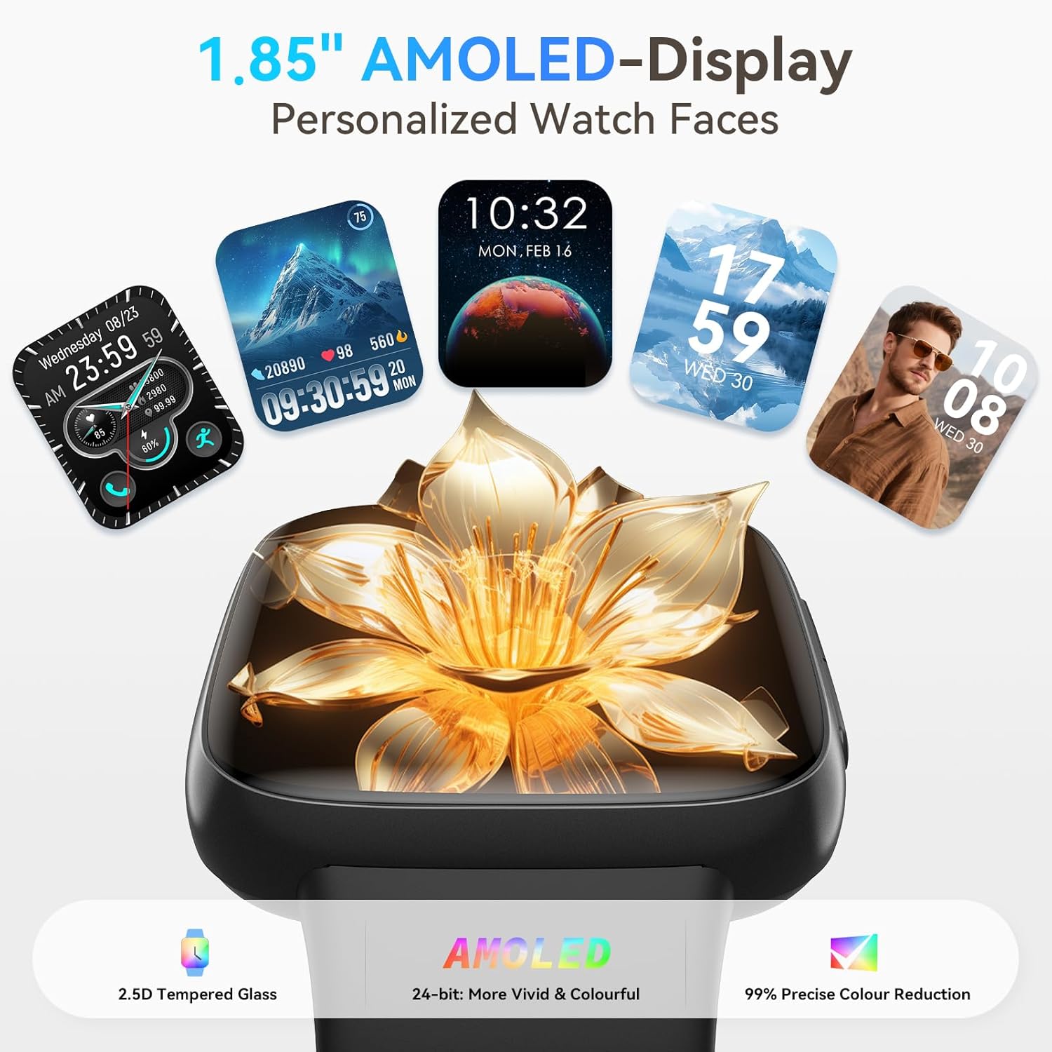 Smart Watch for Men/Women, Answer/Make Call, 1.85" AMOLED Always-On Display Screen Smartwatch for iPhone & Android, 3ATM Waterproof Fitness Tracker with Heart Rate/Sleep/SpO2 Monitor, 100+ Sport Modes
