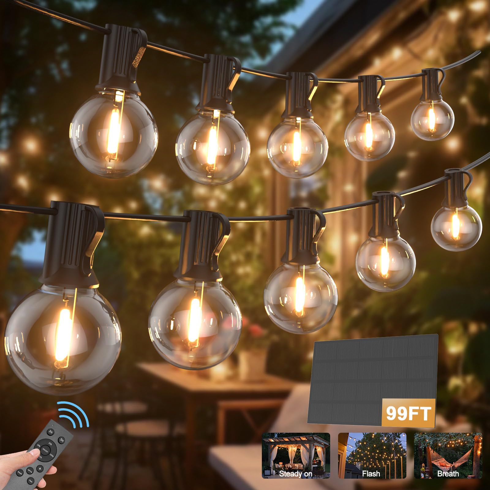 Guirnaldas Luces Exterior Solar, 30M/99Ft Lámparas Solares de Jardín Luces con 50+3 G40 Bombillas IP45, 4 Modos Impermeable Guirnalda Solares para Jardín, Terraza, Navidad, Fiesta