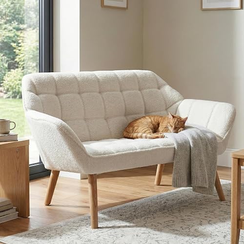 48" Small Loveseat Sofa, Modern Sherpa Mini Sofa Couch 2-Seater Fluffy Love Seat with Quilting Backs and Wood Legs for Living Room, Bedroom and Small Space, White